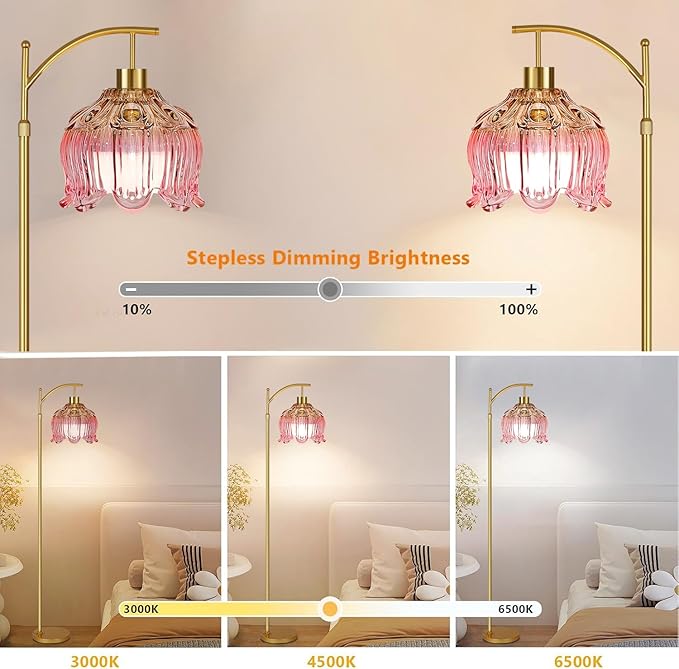 ILLMTW Pink Floor Lamp for Living Room,Bedroom,Glass Mid Century Modern Standing Lamp with Remote,Dimmable Gold Brass Tall Lamp Tulip Flower Arc Floor Light Boho Bohemian