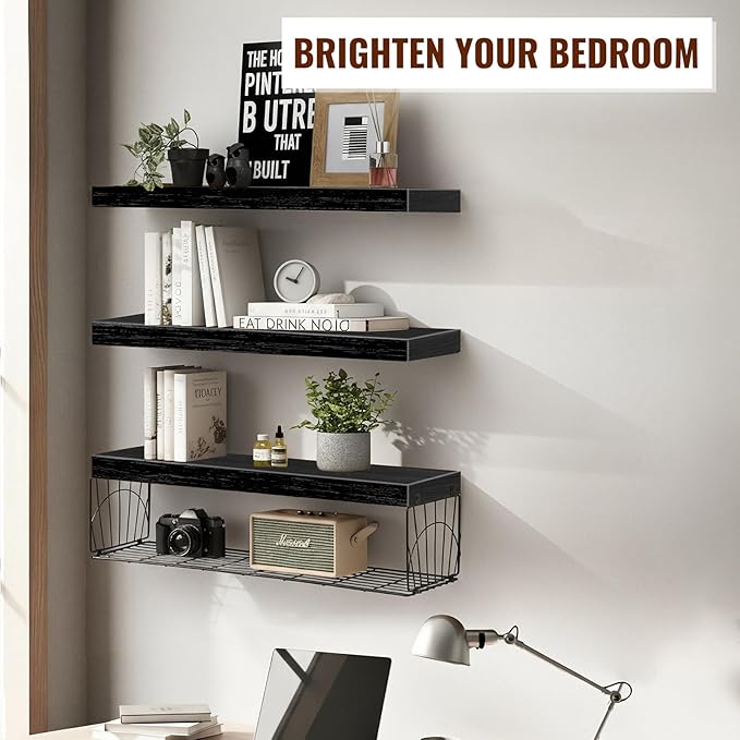 3 Pack Bathroom Shelves 24 inches Long Over Toilet, Wall Mounted Rustic Wood Floating Shelves for Bathroom, Toilet Paper Storage, Small Farmhouse Decor Hanging Shelf for Living Room, Kitchen, Black