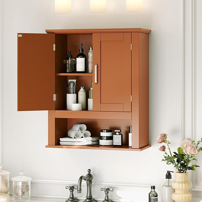 VINGLI Bathroom Wall Cabinet, Black Wall Mounted Storage Cabinet for Bathroom Over the Toilet, Medicine Cabinet with 2 Doors and 3-Height Adjustable Shelf & Open Shelf, Painted MDF, Space Saving