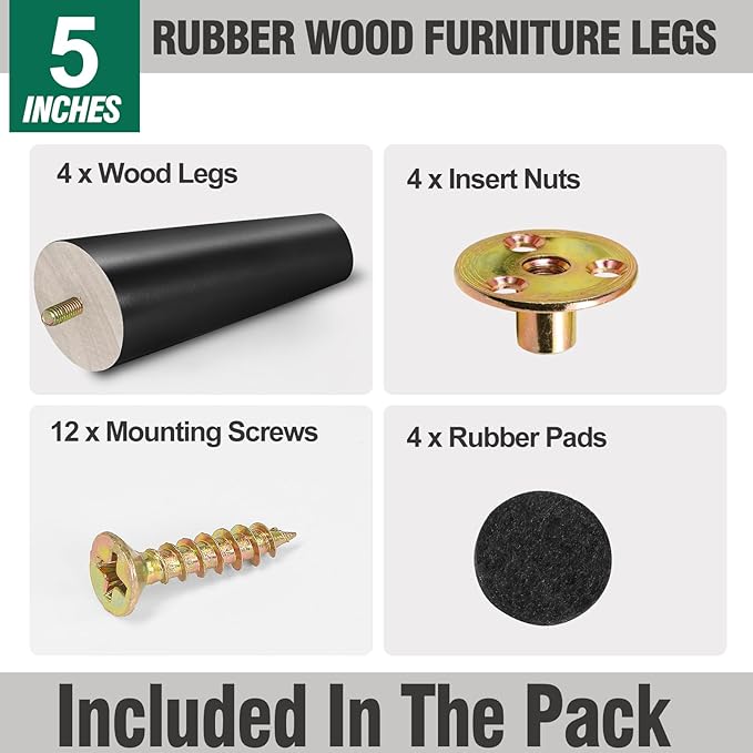 FoDau770 Black Rubber Wood Furniture Legs 5 Inches, Slant Tapered Wood Feet Mid Century Sofa Legs Set of 4, 5/16" UNC Furniture Feet Replacement Parts for Cabinet Couch Dresser Chair Ottoman Table