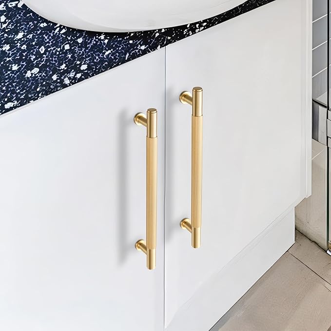 SALISENG- Solid Brass Kitchen Cabinet Pulls, 5 Pack Brushed Gold Drawer Handles, 6-3/10 Inches Hole Distance,Modern Furniture Hardware Door Handles for Closet Cupboard Wardrobe(Arina)