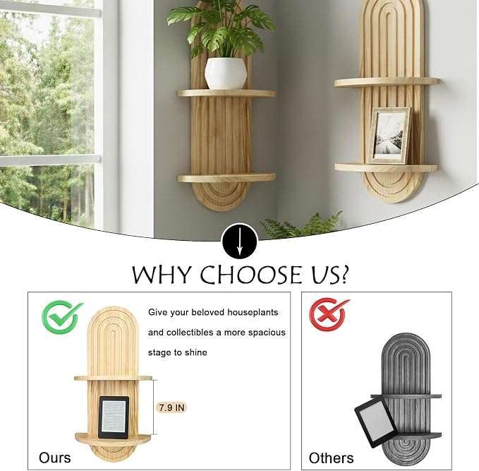 Boho Wall Shelves with Arched Wooden Design, Mid Century Modern Decor Plant Wall Shelf Set of 2, Double Floating Shelves for Home Living Room Bathroom Bedroom, 23.6 x 11.8 Inches (Natural)