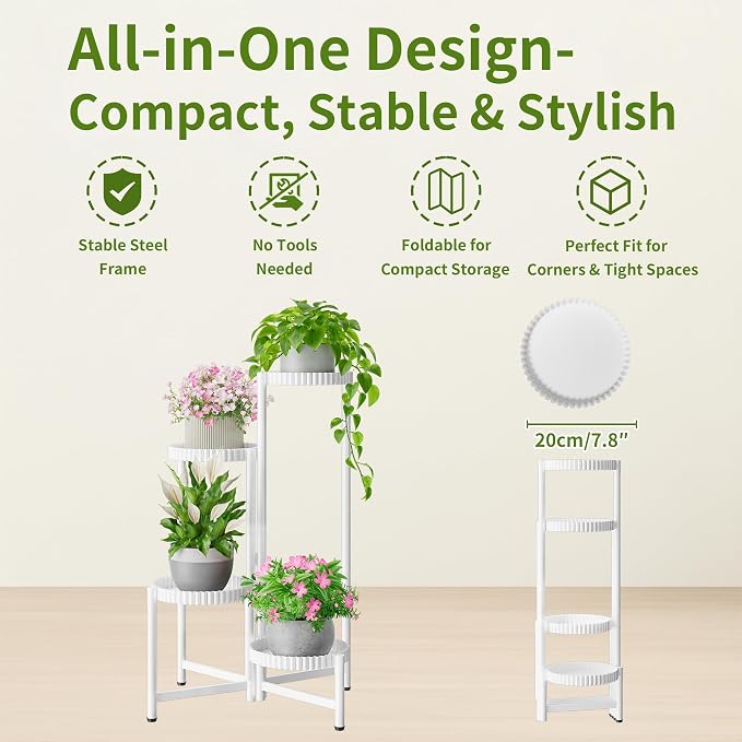 Metal Corner Plant Stand Indoor Outdoor, 4 Tier Tall Flower Pot Holder Potted Display Rack Shelf, Heavy Duty Flodable Plant Shelf for Patio Garden Balcony Living Room Bedroom - WhiteFloroma