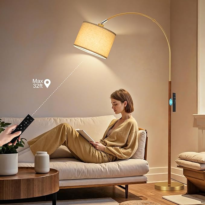 Ambimall Dimmable Arc Floor Lamp with Remote, Color Temperatures and Brightness Adjustable, Arched Floor Lamp with Rotating Head, Over Couch Arched Reading Light for Living Room (Gold and Wood Grain)