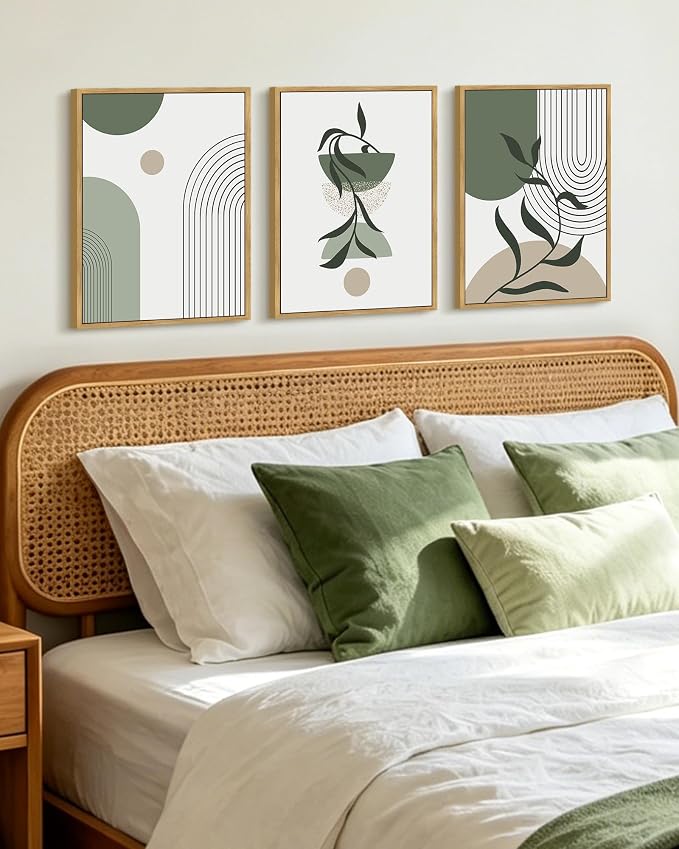 KUVIOKE Boho Wall Art Framed Botanical Modern Wall Printing Green Neutral Abstract Geometric Prints Bohemain Sage Decor for Farmhouse Living Dining Room 12x16in (Natural Framed)