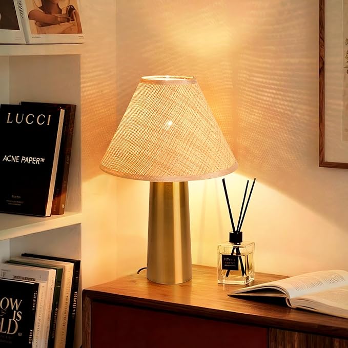 Brass Gold Rattan Table Lamp for Bedroom, Modern Wicker Lamps for Bedside Nightstand, Small Table Rattan Shape Lamps for Small Spaces for Kitchen Counter, Home Office, Living Room, Kids Dorm