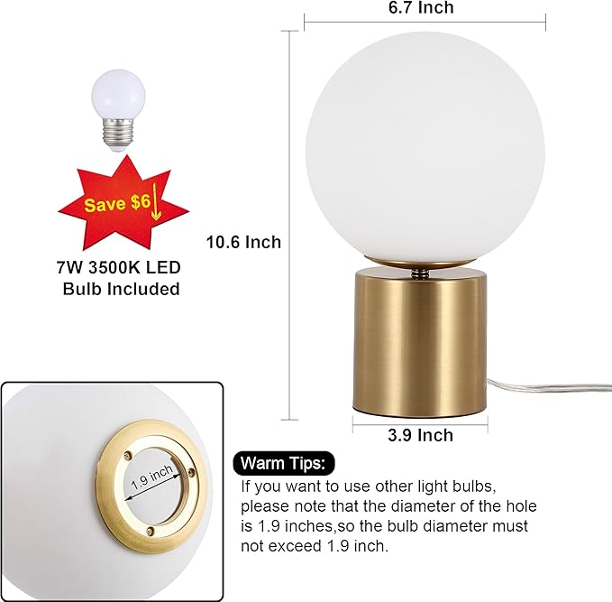 11 Inch Modern Mid Century Gold Globe Table Lamp,Round Bedside Nightstand Lamp with White Glass Shade Metal Base Desk Lamp for Bedroom Living Room End Table