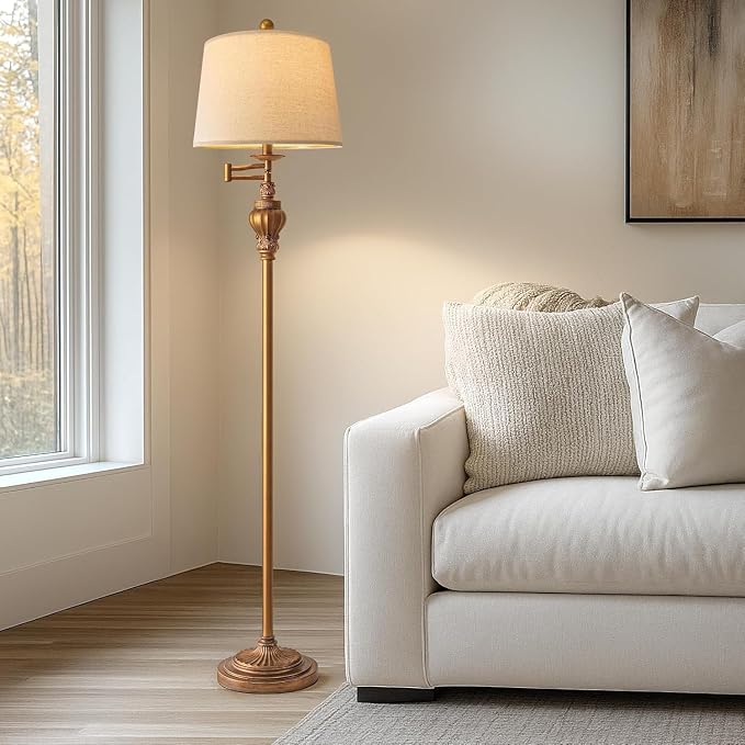 G-SAFAVA 61" Vintage Floor Lamp with 350° Adjustable Swing Arm, Gold Standing Lamp for Bedroom Living Room Nightstand Bedside Retro Farmhouse Mid Century Lamp Light Home Décor Office Gifts