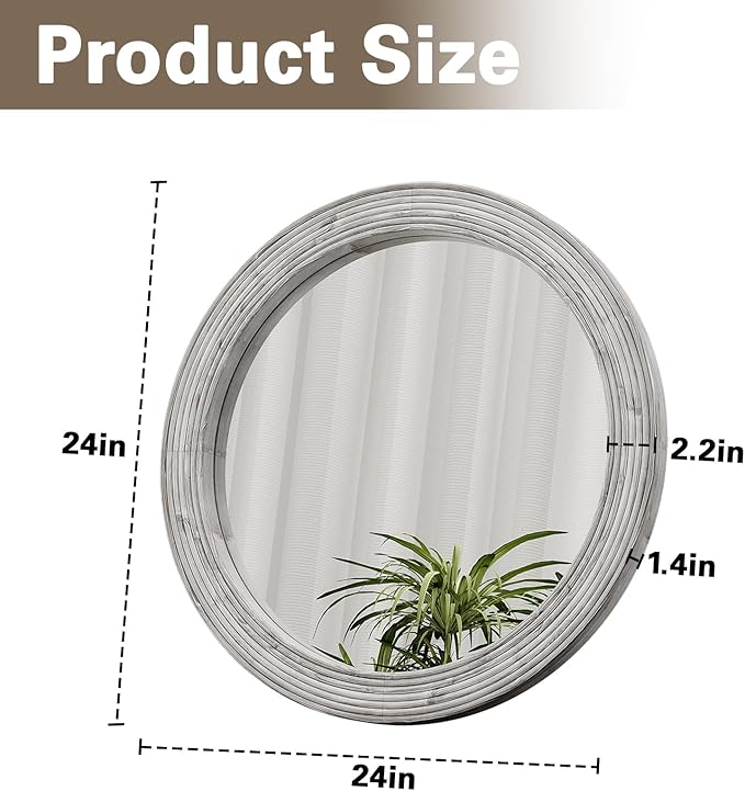 ULIKE Round Rustic Mirror for Bathroom, Farmhouse Mirror with Wood Frame, 24x24 Inch White Vanity Mirrors for Wall Decor of Bedroom or Living Room