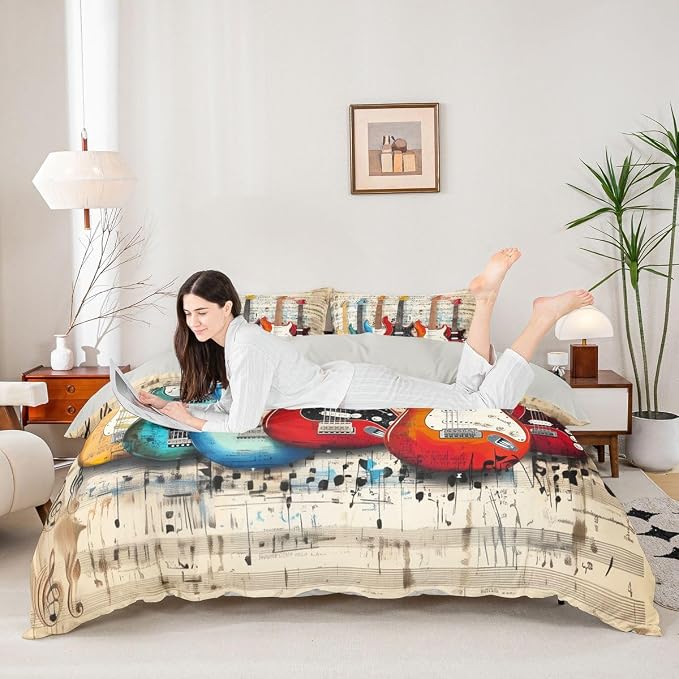 Erosebridal Chic Guitar Comforter Cover Queen Retro Musical Staves Pattern Bedding Set Rock Music Lovers Room Decor Duvet Cover,Rustic Musical Notes Bed Set