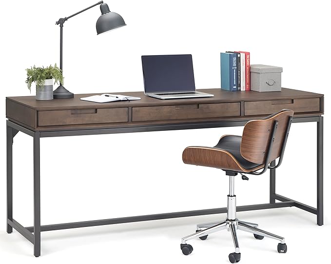 SIMPLIHOME Banting Desk - 72 Inch Wide Solid Wood and Metal Writing Desk in Walnut Brown, Modern Industrial Home Office Computer Table for Study with 2 Drawers and Flip-Down Keyboard Tray