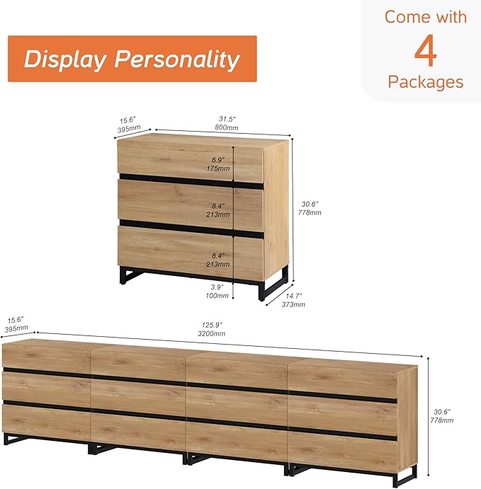 WAMPAT Dresser for Bedroom, Closet Organizers and Storage with 12 Drawers, Chest of Drawers with Metal Base, Wooden Modern Dresser for Living Room, Bedroom, Entryway, Oak