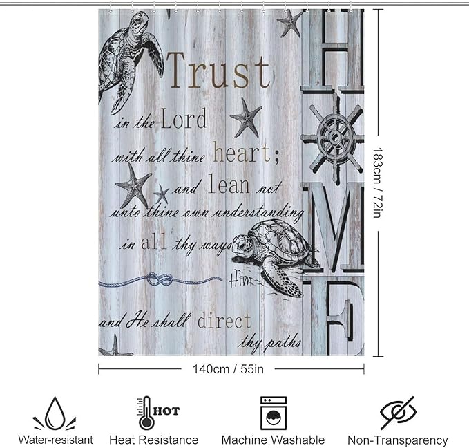 Inspirational Quote Navigation Shower Curtain Starfish Sea Turtle Rudder Home Waterproof Shower Curtains for Bathroom Decor 12 Pack Hooks 55x72in（140x183cm）