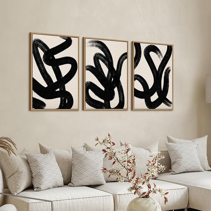 arteWOODS Framed Wall Art Canvas Abstract Lines Pictures Modern Mid Century Boho Wall Decor Minimalist Abstract Black Stroke Lines Painting Artwork Living Room Bedroom Home Office Natural 16"x24"x3pc