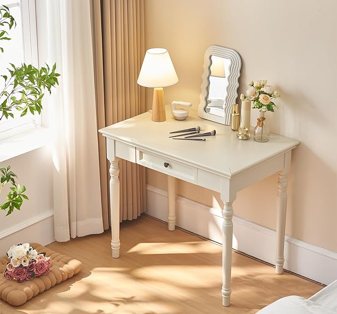 ADORZ Writing Desk with Drawers, 35 Inch French Country Desk Solid Wood Writing Desk for Home Office, Study Workspace or Bedroom (White, 35 inches)