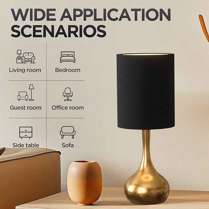 KUNJOULAM Modern Table Lamp, 17.3" Small Desk Light with Brass Metal Droplet Base, Black Cylinder Linen Drum Shade, Nightstand Lamp for Bedroom Living Room Nightstand Office