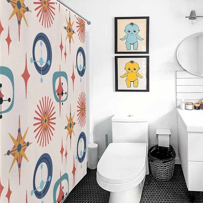 Retro 50s Shower Curtain Mid Century Modern Geometric Stars Colors Pattern Duty Fabric Shower Curtains Set Bathroom Polyester Waterproof with 12 Hooks,72x72Inch（183x183cm）