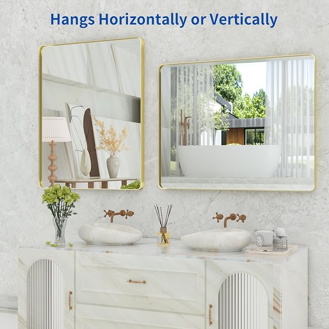 WEER Gold Bathroom Mirror, 40X32 Inch Brushed Gold Metal Frame Mirror, Rounded Rectangle Gold Bathroom Vanity Mirror for Wall, Tempered Glass, Anti-Rust, Hangs Horizontally or Vertically
