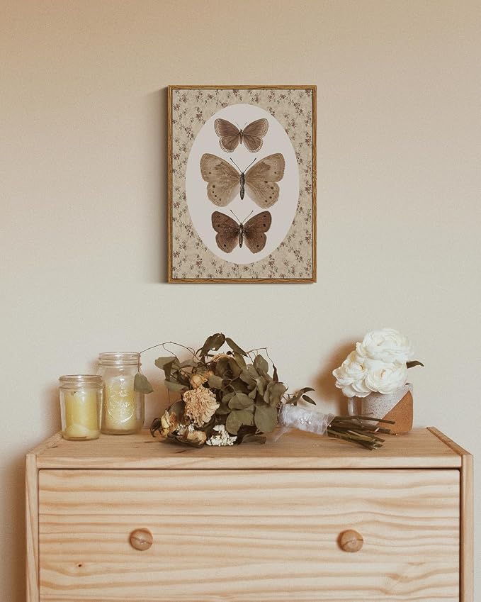 ARPEOTCY Framed Canvas Wall Art, Vintage Wall Decor, Retro Butterfly Pictures for Bedroom Bathroom Living Room, Antique Rustic Cottagecore Farmhouse Neutral Decorations, 12x16inch