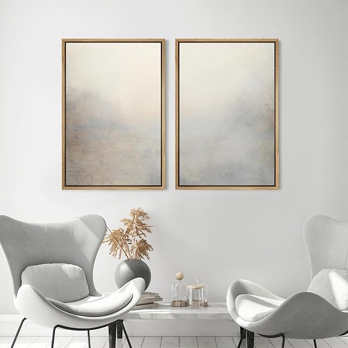 MUDECOR Framed Canvas Print Wall Art Soft Gradient Abstract Misty Landscape Illustrations Modern Art Decorative Bohemian Colorful Chic for Living Room, Bedroom, Office - 16"x24"x2 Natural