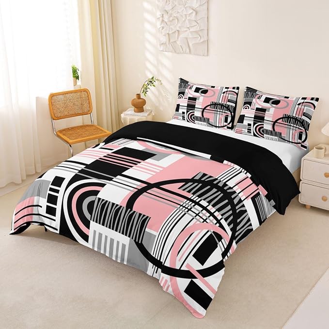 Erosebridal Art Deco Mid Century Duvet Cover Set Retro Modern Abstract Geometric Girl Toddler Bedding Set for Child Boys Black and White Pink Circles Stripes Comforter Cover Contemporary Bed Sets