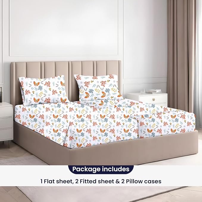 SGI Split King Sheet Set for Adjustable Bed Egyptian Premium Cotton 600 Thread Count Sheets for Sleep Number Bed 15" Deep Pocket 5 Pc Set with 2 Twin XL Fitted Sheets Soft Breathable -Butterfly Garden