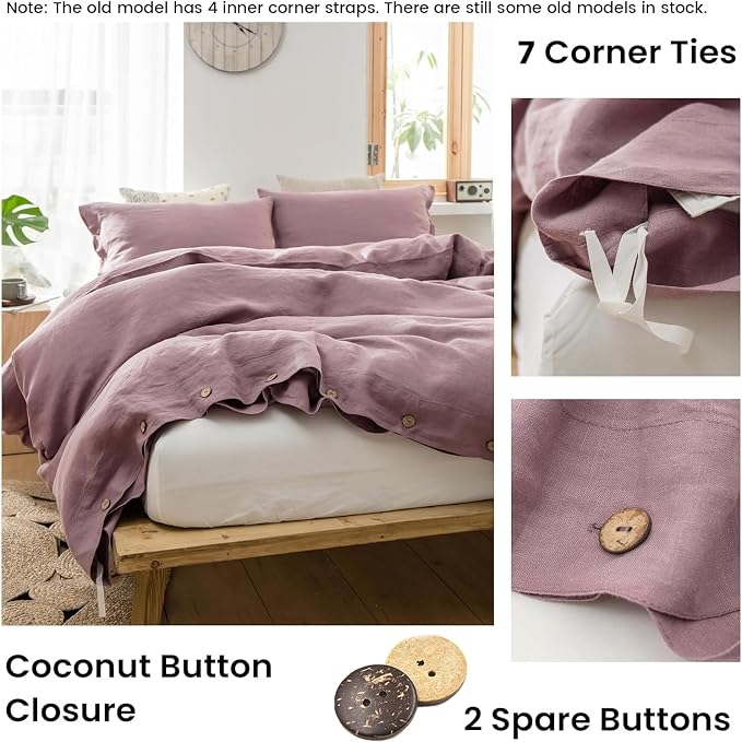 Simple&Opulence 100% Linen Duvet Cover Set 2pcs with Coconut Button Closure Natural French Washed Flax Solid Color Soft Breathable Farmhouse Bedding - Purple, Twin Size