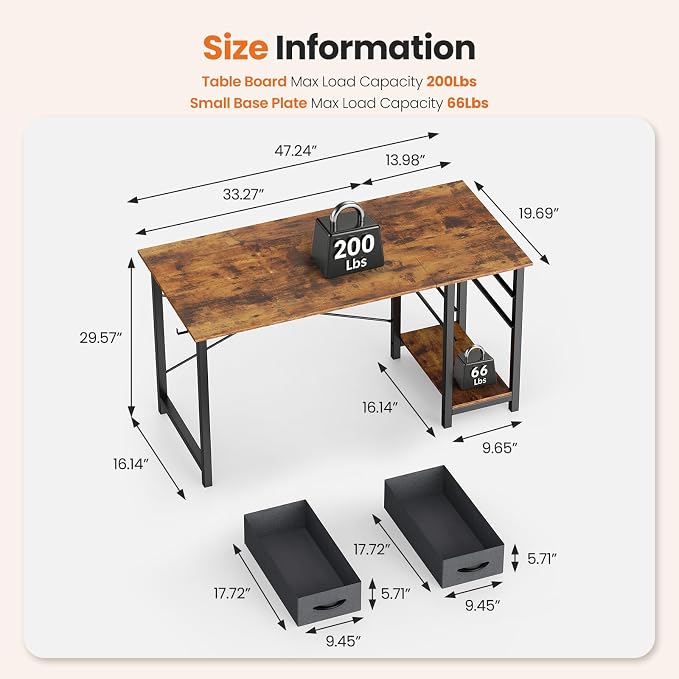 Sweetcrispy 47 Inch Computer Desk with Drawers for Home Office Writing Desk X Shaped Reinforcement Wood Surface Adjustable Position Modern Study Work Side Hook Metal Frame Storage Station Rust
