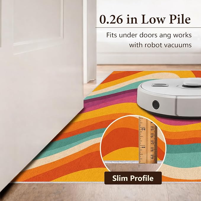 Retro 70s Area Rug 6x8, Mid Century Modern Abstract Wavy Carpet, Colorful Rainbow Swirl Rug for Living Room Bedroom Office, Non-Slip Washable Indoor Floor Mat