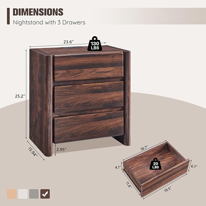 25" Tall Modern Nightstand with Charging Station, 23.6" W Nightstand with 3 Storage Drawers & Open Shelf, Wood Night Stand w/Rounded Corner Design for Bedroom, Living Room (Brown)