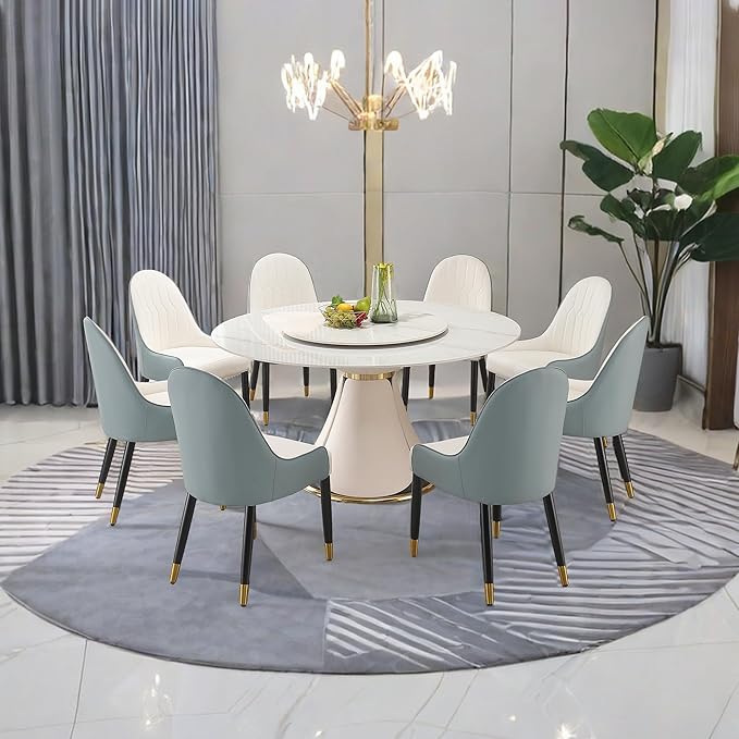 Round Marble Dining Table Set for 6-8, Kitchen Table, Dining Room Table Set Petal Pu Leather & Metal Base (1 Table and 8 Blue Chairs)