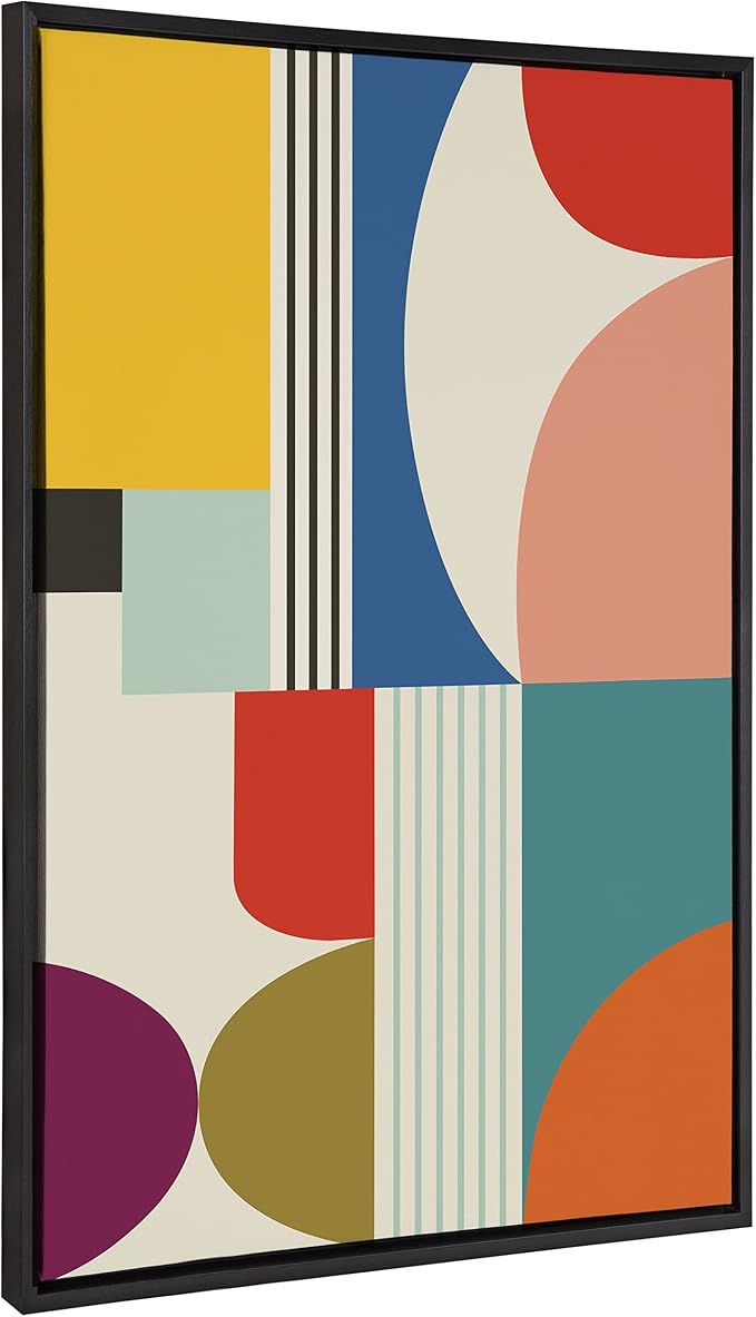 Kate and Laurel Sylvie Mid Century Modern Pattern Framed Canvas Wall Art by Rachel Lee of My Dream Wall, 28x38 Black, Colorful Abstract Art Print for Wall