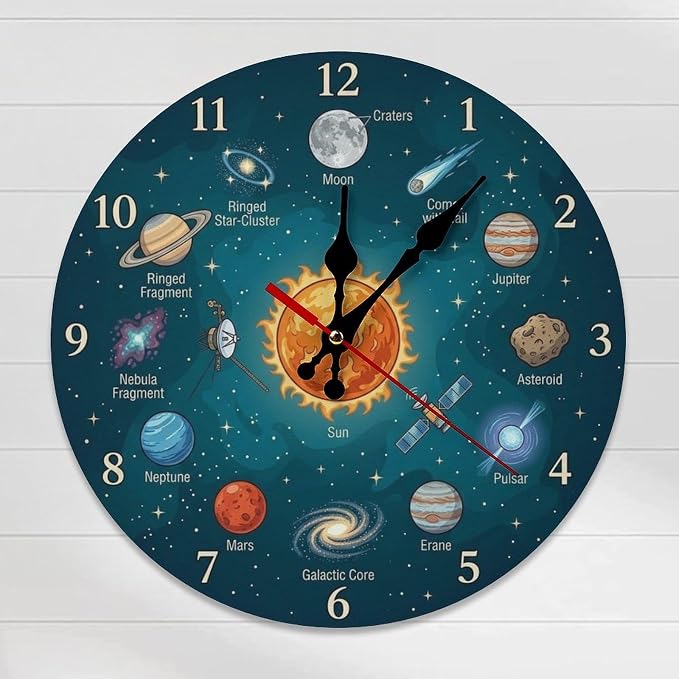 Solar System Galaxy Wooden Wall Clock Silent Non Ticking for Kids Room Decor & Office, 10/12 Inch Round Frameless Battery Operated Home Decor Gift