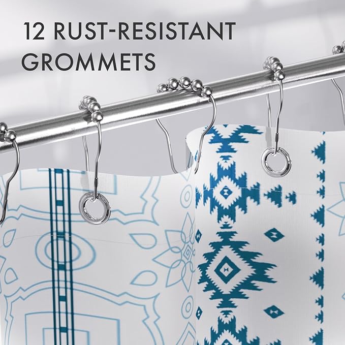 AmazerBath Boho Shower Curtain, 72x72 Washable Cloth Navy and White Shower Curtains for Bathroom, Fabric Rustic Neutral Shower Curtain Set with 12 Hooks, Modern Camper RV Dorm Stall Shower Curtain
