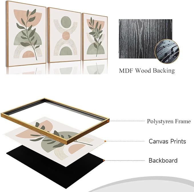 Bwodke Boho Wall Art, Framed Abstract Wall Art, Green Botanical Neutral Canvas Wall Decor, Large Mid Century Plant Pictures Set of 3, Modern Minimalist Paintings, for Bedroom Living Room Bathroom
