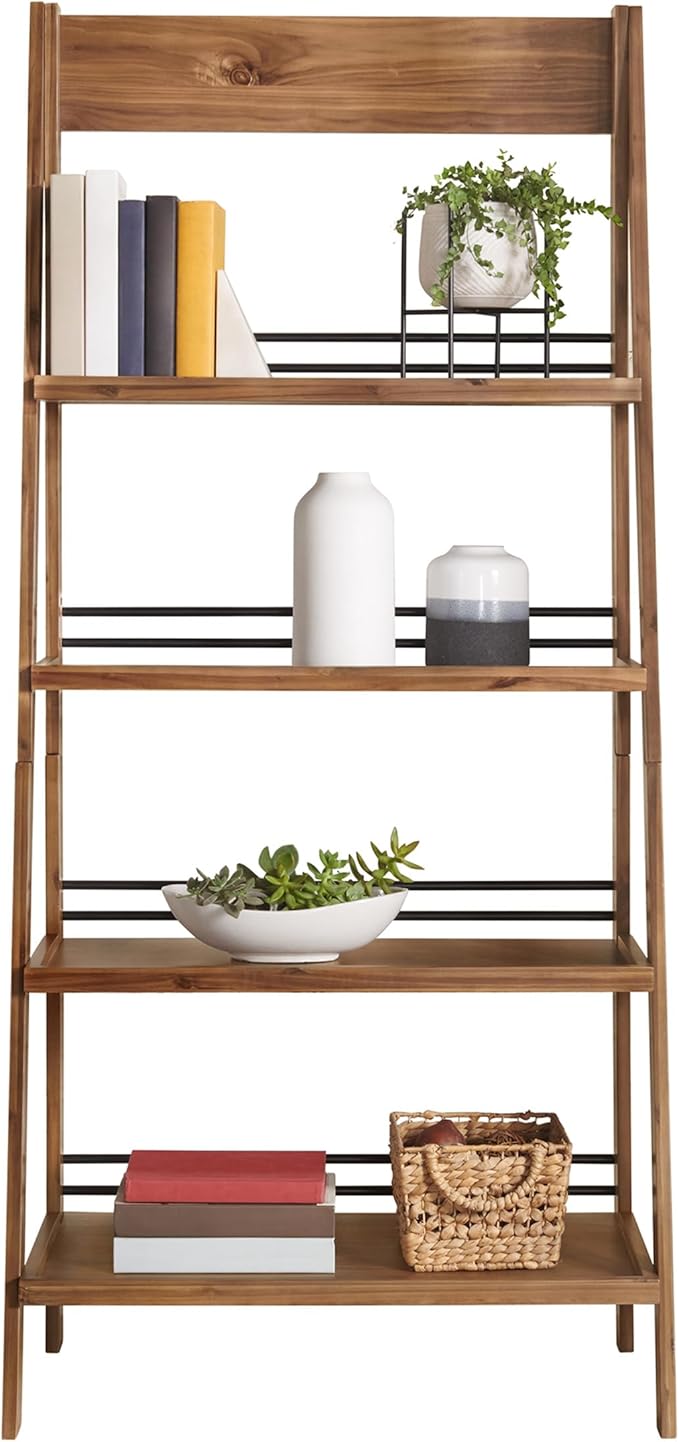 Alaterre Furniture Ladder Bookshelf - Freestanding 4-Tier Bookcase with X-Back Frame - Shelves for Living Room, Kitchen, Bedroom, and Office (Walnut)