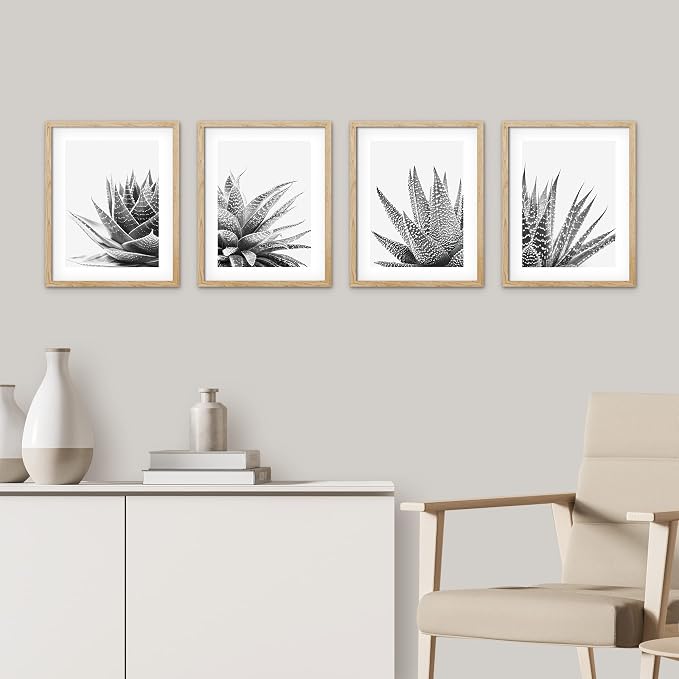 SIGNWIN Framed Black White Snake Plant Agave Cactus Succulent Wall Art, Set of 4 Floral Botanical Wall Decor Prints, Nature Wilderness Wall Décor for Living Room, Bedroom - 11"x14" Natural