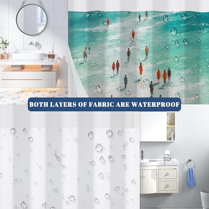 No Hook Shower Curtain with Snap in Liner, Beach Scene Abstract Coastal Art Print, Waterproof Fabric Bath Curtain with See Through Top, Modern Ocean Vibe Bathroom Decor, 71W x 74H