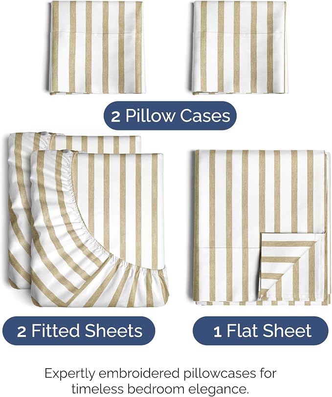 Split King Size 5 Piece Sheet Set - Comfy Breathable & Cooling Sheets - Hotel Luxury Bed Sheets for Women & Men - Deep Pockets, Easy-Fit, Soft & Wrinkle Free Sheets - Beige Stripes Oeko-Tex Bed Sheets