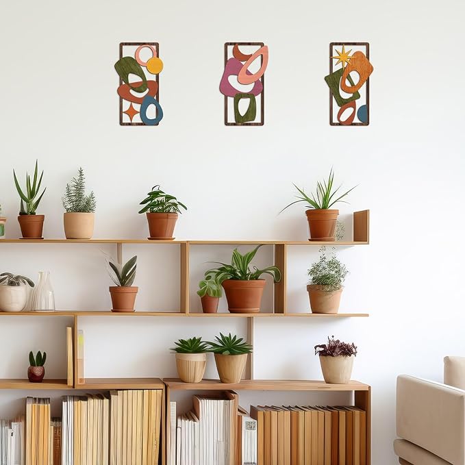 Pigort 3 Pcs Wooden Abstract Wall Art Mid Century Modern Wall Art Modern Elegance Wall Decor Geometric Home Decoration for Living Room Office 9.2x15.7inch