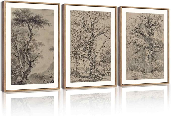 KUVIOKE Vintage Tree Framed Wall Art Retro Antique Forest Drawings Nature Wilderness Sketch Wall Painting Modern Decor 12x16in (Natural Framed)