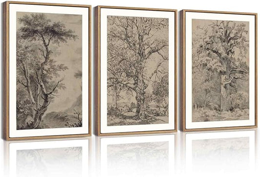 KUVIOKE Vintage Tree Framed Wall Art Retro Antique Forest Drawings Nature Wilderness Sketch Wall Painting Modern Decor 12x16in (Natural Framed)