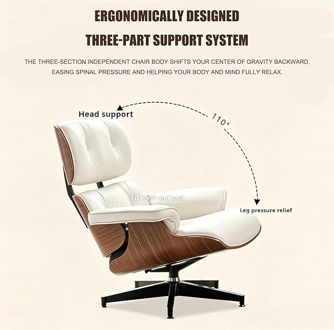 Mid Century Chaise Lounge Chair with Ottoman, Modern Retro Classic Design, PU Leather & Walnut Wood, Heavy Duty Metal Support, Comfortable for Living Room Bedroom Office（White-Premium）