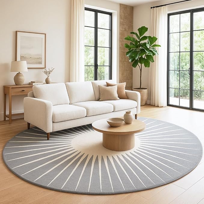 Modern Round Area Rug – Hand-Tufted with 100% NZ Wool, Thick & Soft Circular Carpet for Living Room, Bedroom & Dining Room Decor (Grey, 5' Round)