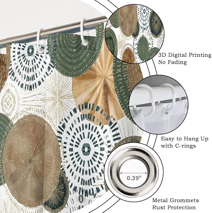 Mid Century Retro Bohemian Shower Curtain for Bathroom Green and Brown Circle Shower Curtains Abstract Geometric Design Bathroom Decor Set Washable Waterproof Polyester Fabric with Hooks 36x72 Inch