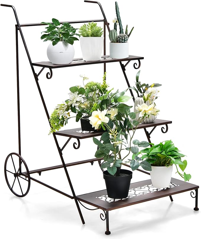 Giantex 3-Tier Metal Flower Cart, Ladder Shaped Plant Stand w/ Wheels & Handle, Exquisite Pattern, Rolling Garden Cart for Indoor & Outdoor, Folding Plant Holder for Balcony Garden Porch