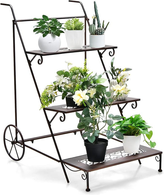 Giantex 3-Tier Metal Flower Cart, Ladder Shaped Plant Stand w/ Wheels & Handle, Exquisite Pattern, Rolling Garden Cart for Indoor & Outdoor, Folding Plant Holder for Balcony Garden Porch