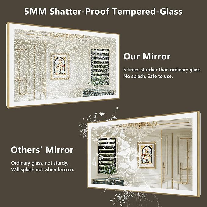 66x40 Inch LED Bathroom Mirror with Lights (Front Lit and Backlit) Gold Framed Lighted Vanity Mirror for Bathroom Wall Dimmable Anti-Fog Memory Tempered Glass Horizontal/Vertical