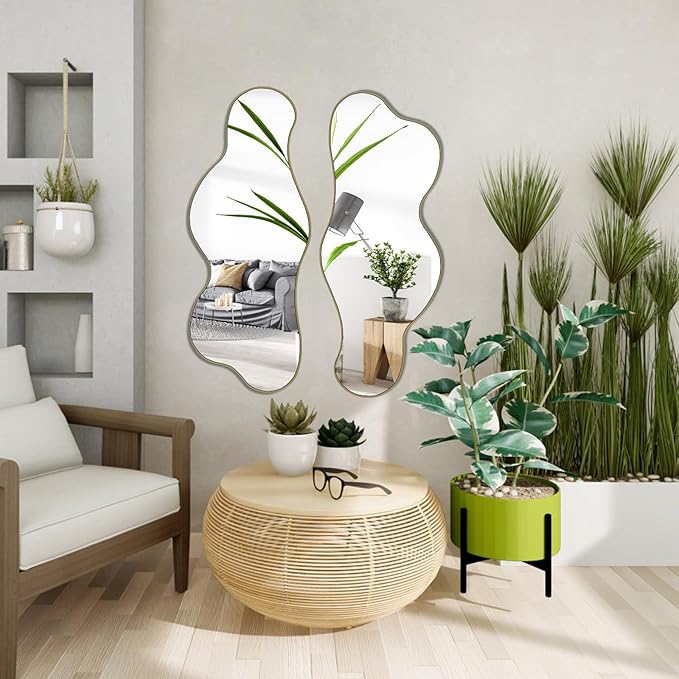 POZINO Irregular Wall Mirror, 39.3"x16" Asymmetrical Mirrors, Cloud Shaped Mirror, Gold Modern Abstract Mirrors for Bathroom Living Room Bedroom Entryway Hallway