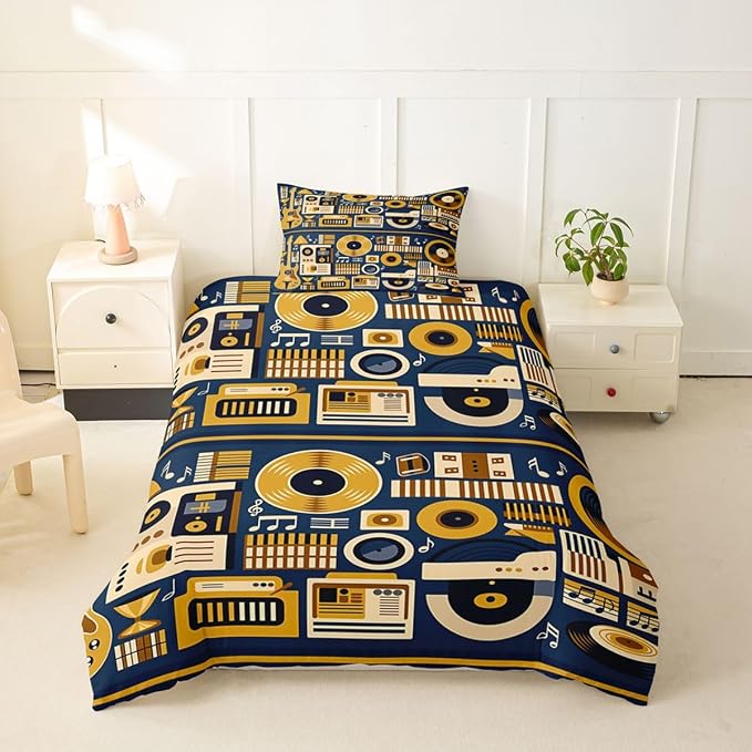 Erosebridal Retro Music Comforter Cover Twin for Boys Men - Vinyl Record Rock Roll Bedding Set Musical Notes Instrument Duvet Cover,Modern Vintage Music Art Bed Set